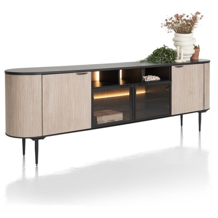 Aramon, Dressoir 240 Cm. - 2-Deuren + 2-Glasdeuren + 3-Niches (+ LED)