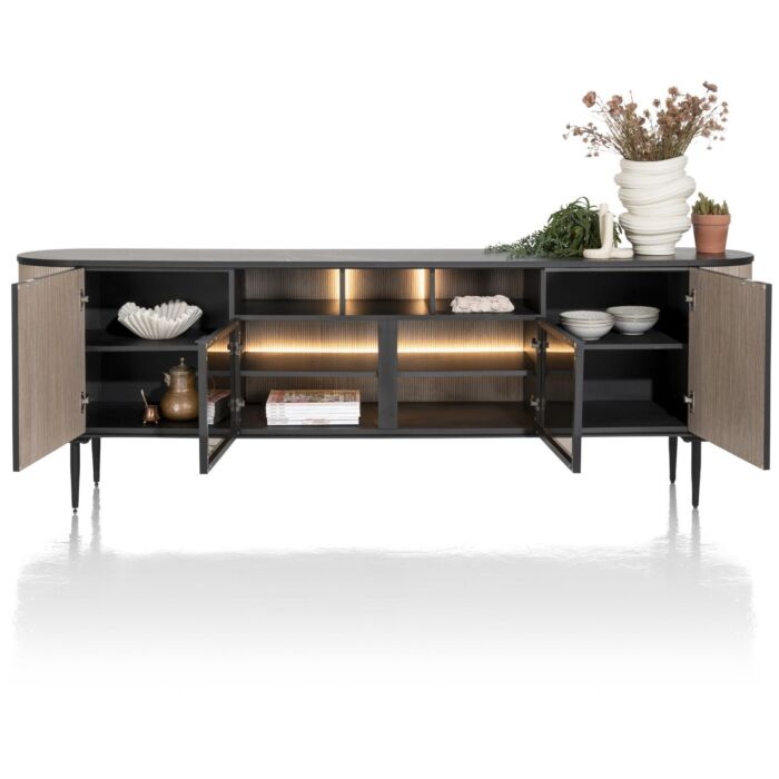 Aramon, Dressoir 240 Cm. - 2-Deuren + 2-Glasdeuren + 3-Niches (+ LED)