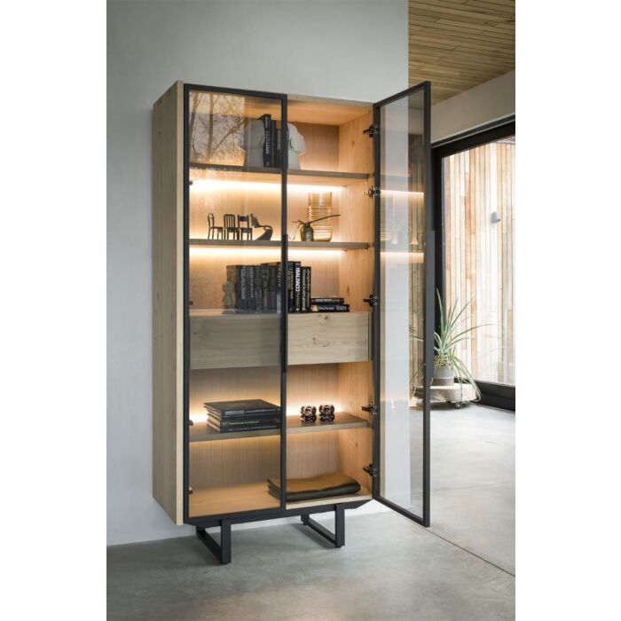 Modali, Vitrine 96 Cm - 2-Deuren + 1-Lade (+ LED) [Houten Legplanken] - Natural